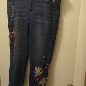 DG2 by Diane Gilman Dark Blue Floral Embroidered Skinny Jeans